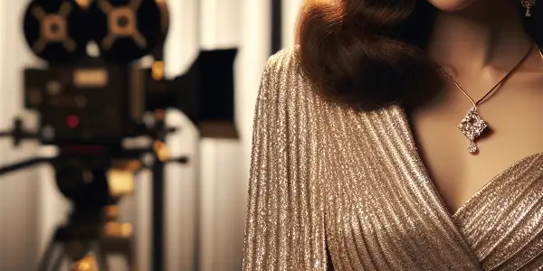 A glamorous Japanese actress in an elegant outfit, set in a luxurious film production environment.