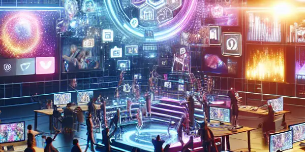 A vibrant digital workspace featuring diverse individuals creating adult content on sleek devices and engaging with online audiences.