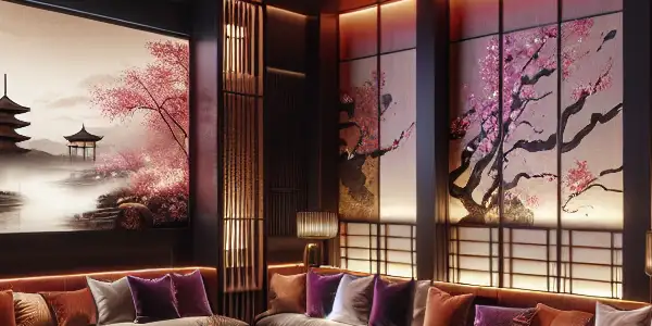 A luxurious, intimate lounge featuring plush seating, ambient lighting, and hints of Japanese culture in a sophisticated adult entertainment setting.