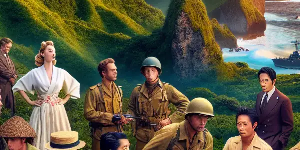 A dramatic Okinawan landscape featuring World War II soldiers interacting playfully with modern characters at sunset.