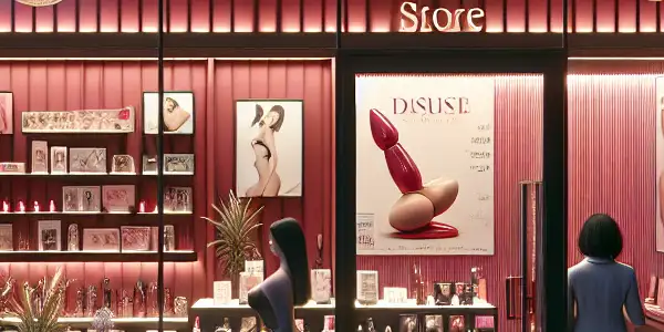 A modern adult novelty store with a welcoming atmosphere, diverse customers, and a focus on safety and inclusivity.