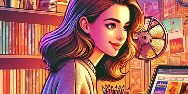 A cozy, modern workspace with a young adult browsing adult content on a laptop, surrounded by vibrant decor and a bookshelf.