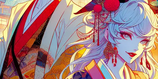 A vibrant fantasy scene featuring two charismatic anime characters in a colorful, whimsical setting filled with neon lights.