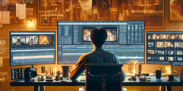 A confident Asian content creator works in a modern studio filled with AV film equipment and creative elements.