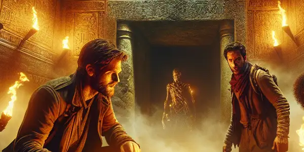 A diverse group of explorers discovers a treasure chest in a dimly lit ancient tomb, surrounded by intricate carvings.