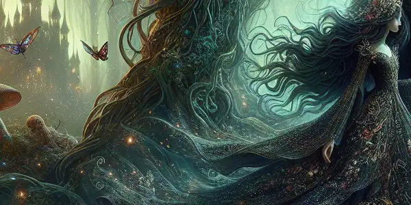 A beautiful princess and a mysterious beast share a moment in a dark, enchanted forest filled with fantasy elements.