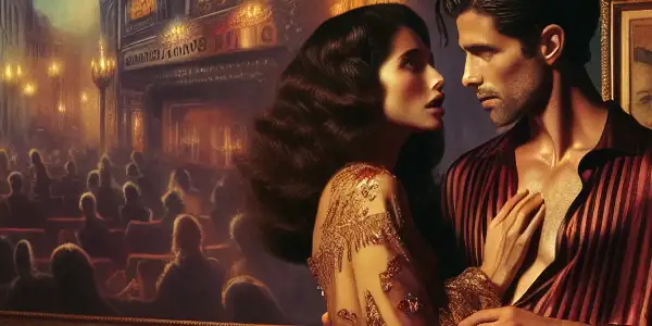 A couple in a luxurious, dimly lit room, expressing passion and curiosity amidst vintage film elements.