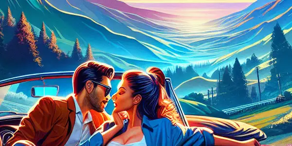 A vintage convertible parked on a scenic highway with two stylish characters sharing an intimate moment.