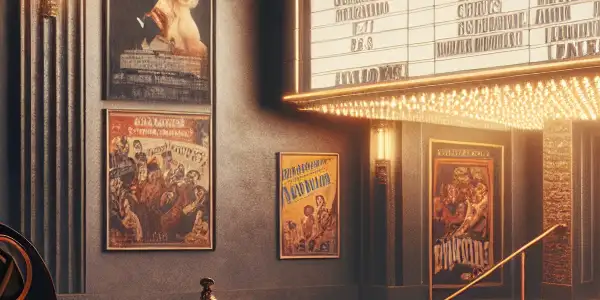 A vintage movie theater scene showcasing diverse cinema, featuring a romantic couple, an action hero, and artistic film elements.