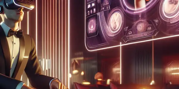 A futuristic room featuring a user immersed in virtual reality adult entertainment, with sleek devices and vibrant screens.