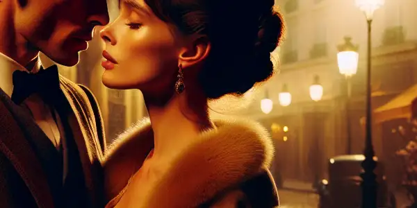 A romantic Parisian scene at dusk featuring a couple in vintage clothing, embodying intimacy and cross-cultural influences.