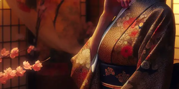 A glamorous Japanese AV actress in a floral kimono, set in a traditional room with shoji screens and cherry blossoms.