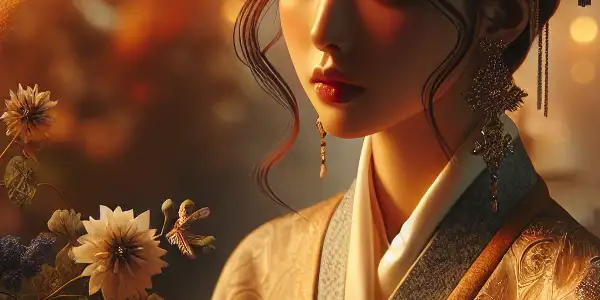 A romantic scene featuring Yui Hatano in an intimate bedroom, surrounded by elegant fabrics and blooming flowers.