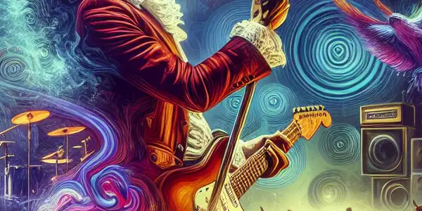 Freddie Mercury passionately performing on stage with Queen, surrounded by vibrant concert energy and iconic rock elements.