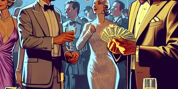 A lavish party scene with a charismatic protagonist, glamorous guests, and hints of money laundering amidst excitement and tension.