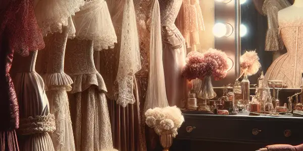 An intimate dressing room showcasing luxurious lingerie and seductive costumes, illuminated by warm, inviting light.