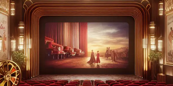 A vintage cinema hall with plush seating, golden accents, and a flickering projector showcasing classic adult film stills.