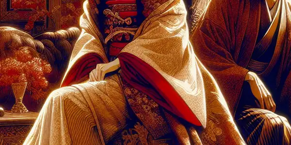 A romantic scene featuring two elegantly styled characters in a warm, intimate setting inspired by 1980s Japanese cinema.