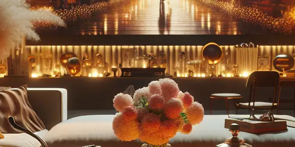 A modern living room with soft lighting, featuring a coffee table, vintage film projector, and an abstract romantic scene.