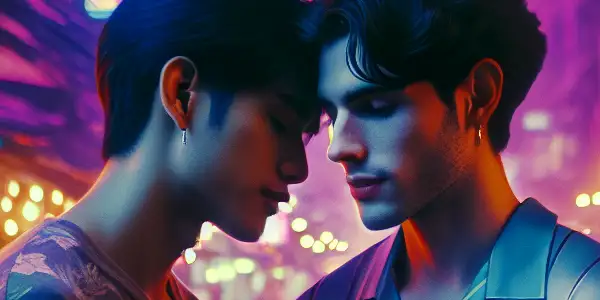 A romantic moment between two young men in vibrant Bangkok, illuminated by neon lights, showcasing love and identity.