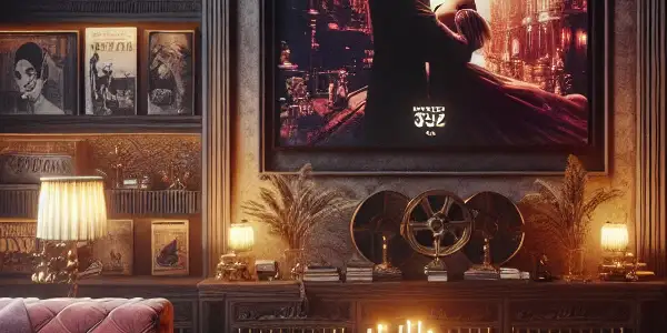 A cozy, dimly lit room featuring a retro TV, DVDs, and magazines celebrating the allure of erotic cinema.