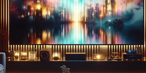 A modern home entertainment setup with a large screen, cozy seating, and ambient lighting for a cinematic experience.