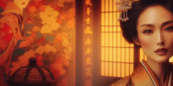 A beautiful actress in a luxurious kimono poses in an ornate Japanese interior, evoking classic cinematic nostalgia.