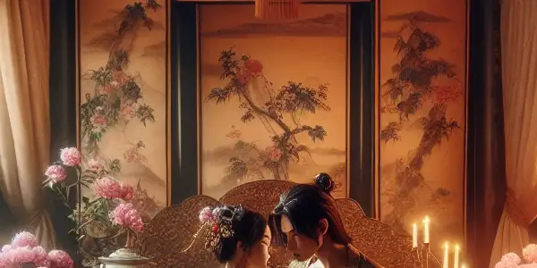 A couple embraces in a traditional Chinese room adorned with silk, woodwork, and romantic cultural motifs.