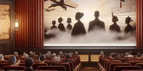 A luxurious movie theater scene with a vintage projector, elegant patrons, and hints of Japanese culture.