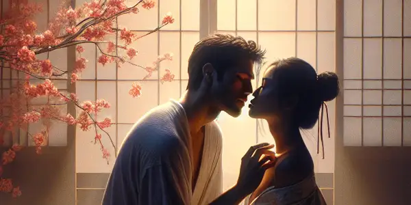 A serene Japanese room with a couple sharing an intimate moment, surrounded by cherry blossoms and soft lighting.